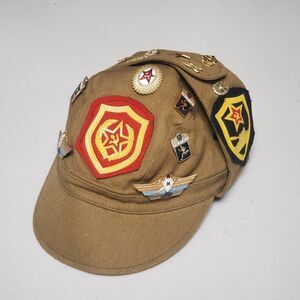 Vintage Russian USSR Military Tank Cap w/ Pin Ear Flaps Rare w/ Medals & Pins